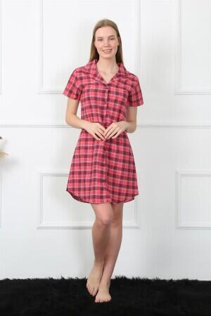 Women's Woven Fabric Front Buttoned Red Tunic Nightgown 1030 - 3