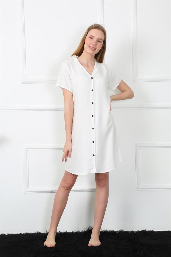 Women's Woven Fabric Front Buttoned White Tunic Nightgown 1031 - 2