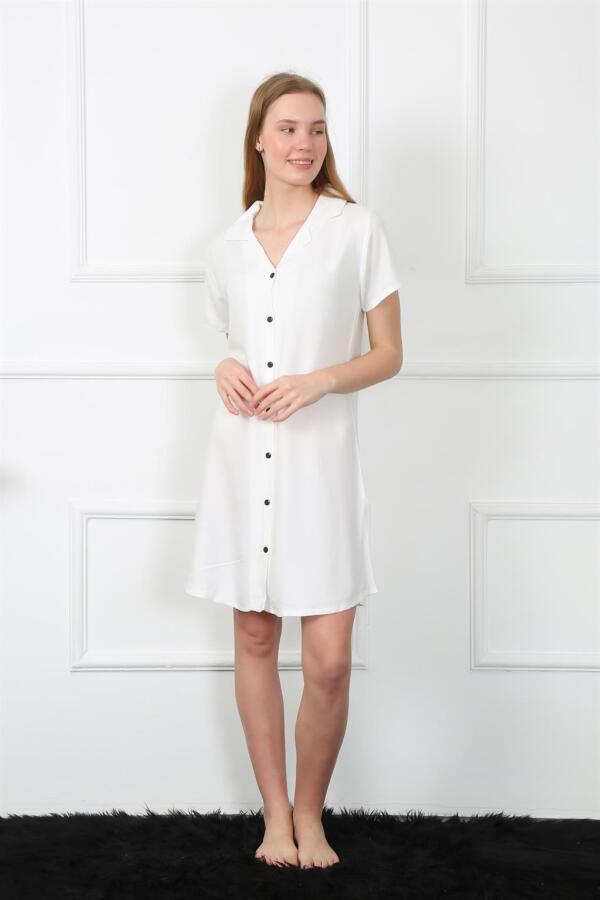 Women's Woven Fabric Front Buttoned White Tunic Nightgown 1031 - 3