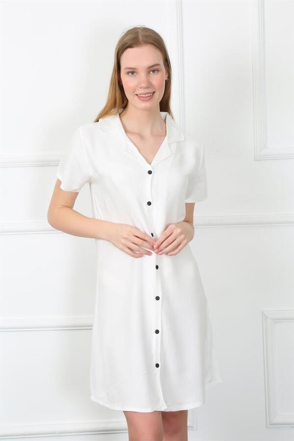 Women's Woven Fabric Front Buttoned White Tunic Nightgown 1031 - 5