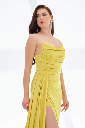 Yellow Slit Satin Evening Dress Cat Ear Dress - 3