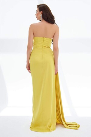 Yellow Slit Satin Evening Dress Cat Ear Dress - 5