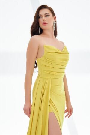 Yellow Slit Satin Evening Dress Cat Ear Dress - 3