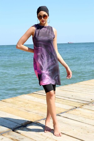 Zero Sleeve Patterned Half Hijab Swimsuit 33011 - 1