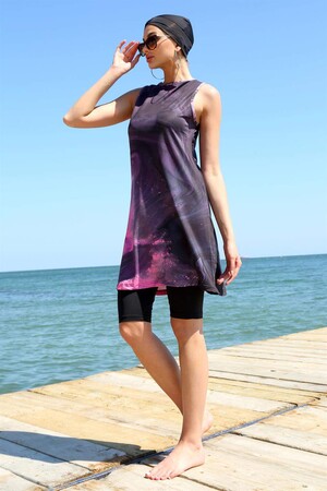 Zero Sleeve Patterned Half Hijab Swimsuit 33011 - 2