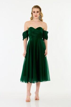 Emerald Low Sleeve Organza Engagement Evening Dress - 1