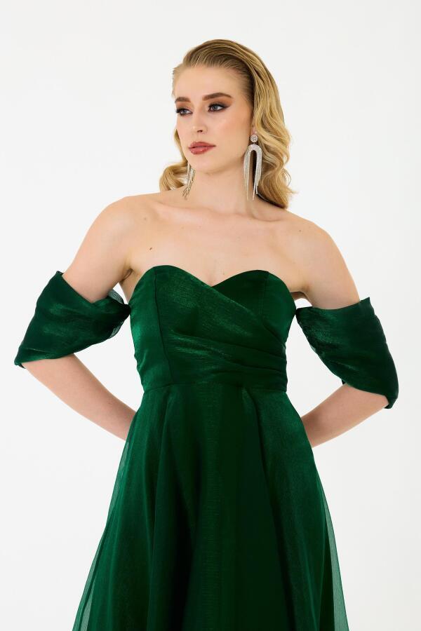 Emerald Low Sleeve Organza Engagement Evening Dress - 2