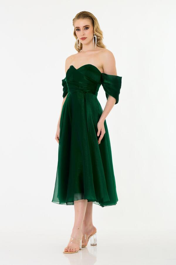 Emerald Low Sleeve Organza Engagement Evening Dress - 3