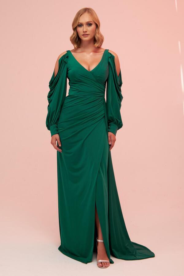 Long Venezia Evening Dress with Emerald Sleeve Detail and Slit - 1