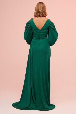 Long Venezia Evening Dress with Emerald Sleeve Detail and Slit - 6